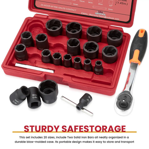 22 Piece Bolt Extractor Set With One Half Inch And Three Eighth Inch Drive Easy Out Stripped Lug Nut Remover Kit For Damaged Rusted Broken Nuts And Screws Wheel Lock Removal Tool In Red shown in open case with components