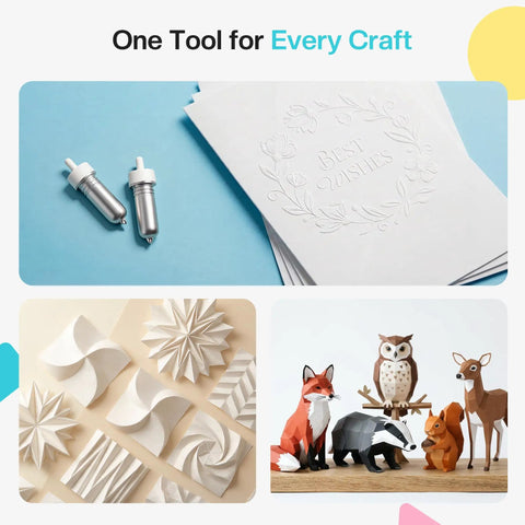Two Pack Scoring Stylus Pens For S501 And S41 Vinyl Cutters Nail The Crease Straight Up Flawless For Card Making Scrapbooking And Crisp Envelope Folding Zero Hassle Diy Crafting Gear on blue background with white embossed paper.