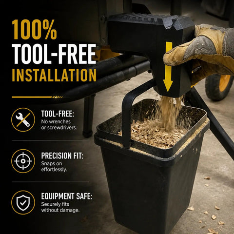 No Sweat Snap On Table Saw Dust Collector Adapter With Dual Hook Bucket Mount Industrial PETG Build in use capturing sawdust.