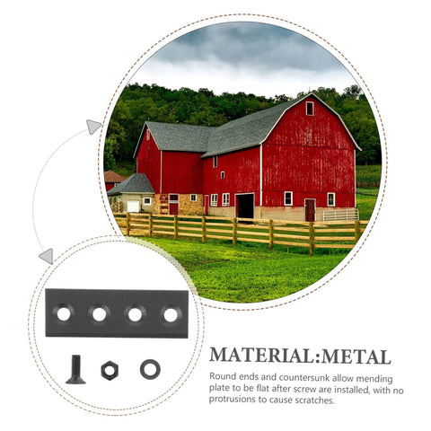 Beefy Barn Door Track Connector Plate Metal Flat Mounting Plate For Door Hardware Kit shown with a red barn and screws.
