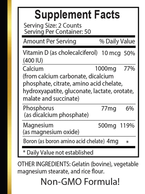 Supplement facts label for Calcium Magnesium Complex With Vitamin D And Boron For Strong Bones, Nerves, And Muscles.