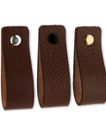 Brown Leather Drawer Pulls Set, 12 pieces, 6.5 x 1 inches each, with gold, black, and silver knobs