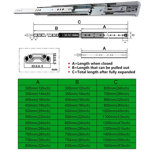 Heavy Duty Soft Close Drawer Slides 800mm Full Extension Three Section Rails For Cabinets with size chart and dimensions