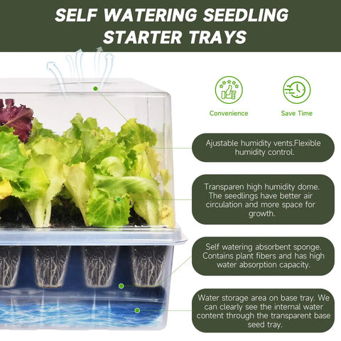 Self Watering Seed Starter Kit With 120 Cell Tray And Humidity Domes featuring seedlings in clear trays with humidity vents.