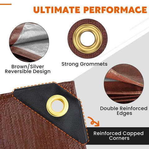 Heavy Duty Waterproof Tarp 12x20 Feet Ultra Thick 16 Mil HDPE Brown with strong grommets and reinforced corners close-up
