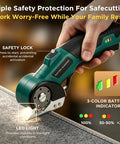 Heavy Duty Cordless Electric Scissors Delivering Zero-Fuss 350Rpm Cutting Power And Razor Sharp Sk5 Steel Blades showing safety lock and LED light.