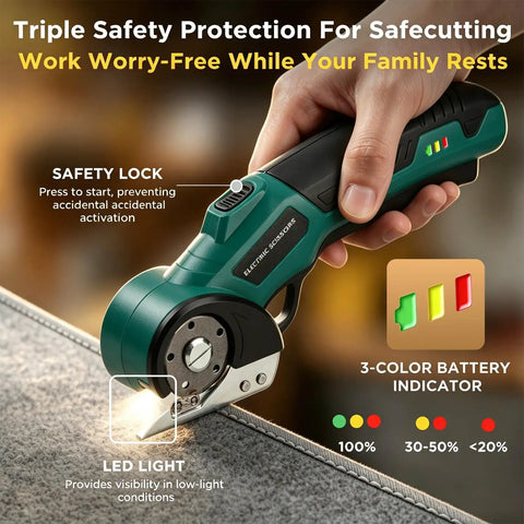 Heavy Duty Cordless Electric Scissors Delivering Zero-Fuss 350Rpm Cutting Power And Razor Sharp Sk5 Steel Blades showing safety lock and LED light.