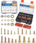 Massive 1500 Piece Metric Bolt and Nut Kit With 19 Sizes M4 To M8 in open storage box with labeled compartments.