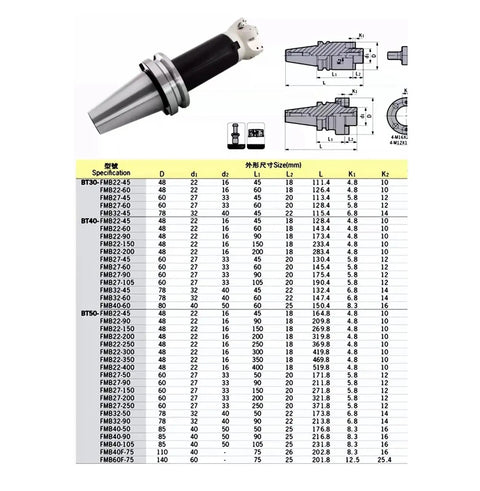 Rock Solid BT50 Collet Milling Fixture For CNC Machining Centers With Heavy Duty Stainless Steel Mounting Plate and specifications chart.
