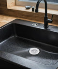 Big Post Style Brass Kitchen Sink Basket Strainer With White Powder Coat Finish in black sink with modern faucet