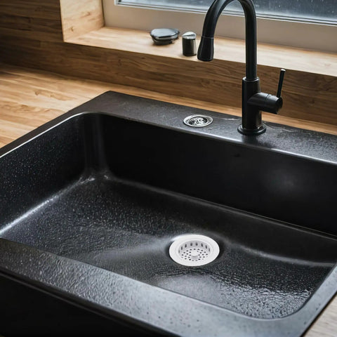 Big Post Style Brass Kitchen Sink Basket Strainer With White Powder Coat Finish in black sink with modern faucet