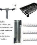 Pro Grade 18 Inch Microfiber Paint Roller Kit With Adjustable Extension Pole And Rolling Tray, includes roller covers and frame.