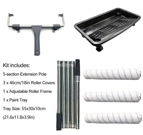 Pro Grade 18 Inch Microfiber Paint Roller Kit With Adjustable Extension Pole And Rolling Tray, includes roller covers and frame.