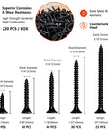 Go-To Drywall Screws Kit With 220 Black Wood Screws In 5 Sizes For Sheetrock And Picture Frames, Phillips Coarse Thread