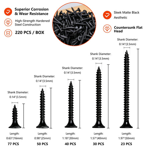 Go-To Drywall Screws Kit With 220 Black Wood Screws In 5 Sizes For Sheetrock And Picture Frames, Phillips Coarse Thread