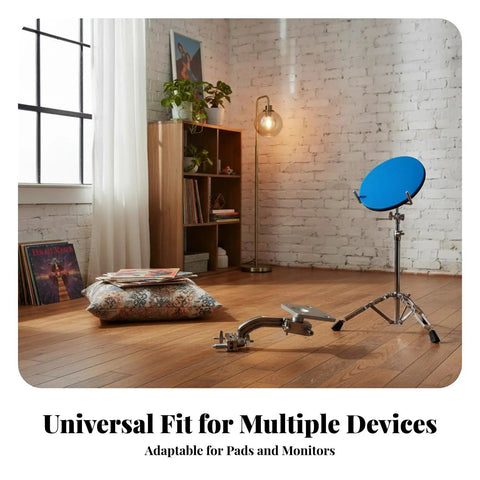 Electronic Drum Module Mounting Plate with Universal Clamp on floor in home studio with pillow and shelves
