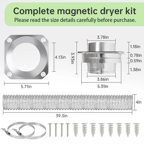 Magnetic Dryer Vent Connector Kit with 4-inch x 3.3ft hose, clamps, and screws, dimensions shown for easy installation