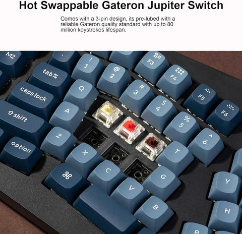 Hot swappable Gateron Jupiter switches on a 75 percent Alice layout keyboard, designed to enhance marathon coding sessions.