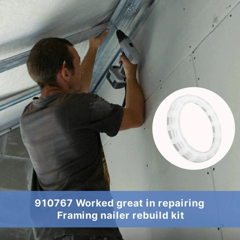 Man using framing nailer; inset shows PU Collar 910767 Replacement Part for 3 And A Half Inch Framing Air Nailer FC350A Type 1 Type 2