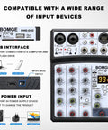 Image of Ultra Portable Four Channel Audio Mixer showing USB interface, power input, and channel controls, ideal for gigs.