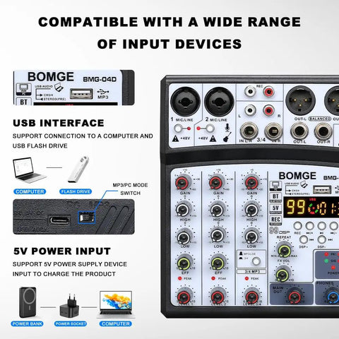Image of Ultra Portable Four Channel Audio Mixer showing USB interface, power input, and channel controls, ideal for gigs.