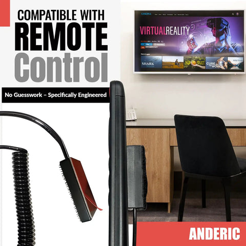 5 Pack Universal Coiled Security Cable Tether For Remotes With Hook And Loop Fastener Tape attached to desk near TV