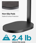 Heavy Duty Studio Mic Arm Stand For Desktop With Solid Steel Base, shows non-slip pads and 2.4 lb weighted base, suitable for podcasts