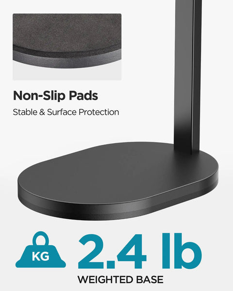 Heavy Duty Studio Mic Arm Stand For Desktop With Solid Steel Base, shows non-slip pads and 2.4 lb weighted base, suitable for podcasts