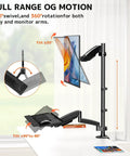 Premium Ergonomic Sit Stand Monitor Desk Mount With Wide Keyboard Tray For 17 To 32 Inch Screens showing full range of motion, 180° swivel and 360° rotation.