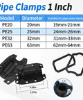 Front view: pipe repair clamp kit, 1 inch, black plastic clamps with mounting screws and repair rings for plastic/metal pipes
