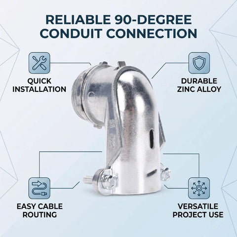 Heavy Duty 10 Pack 3/4 Inch 90 Degree Squeeze Connector Zinc Alloy Conduit Fitting MC Cable Adapter For Junction Boxes side view showing durable zinc alloy and quick installation features.