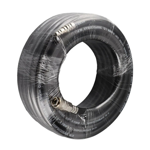Heavy Duty 15M Pneumatic Air Hose Kit With Durable Flexible Rubber And Arrow Storage Case Has All Fittings For Blowing Up Car Tires Best For Garage Shops Where High Pressure Safety Counts For Reliability Each Time You Repair Vehicles Daily coiled black hose with metal fitting