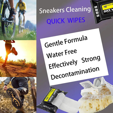Two Pack 60 Count Sneaker Wipes Cleaner Quick Wipes Disposable Travel Ready Portable Removes Dirt And Stains For Shoes Leather Jackets Bags Skin Safe Natural Formula Perfect For All Materials Including Leather And Fabric packaging with wipes and action images