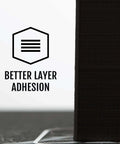 Close-up of black 1.75mm PLA 3D printer filament showing better layer adhesion and spool with dimensional accuracy ±0.03mm