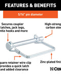 Five Sixteenth Inch Trailer Coupler Pin, 3 Inch Long, Heavy Duty Safety Pin For Trailers, Jacks, Pintle Hooks And More, Durable Steel Construction, Versatile Fit For A Wide Range Of Couplers with zinc-plated finish. Diagrams show features and benefits. Square retainer wire clip.