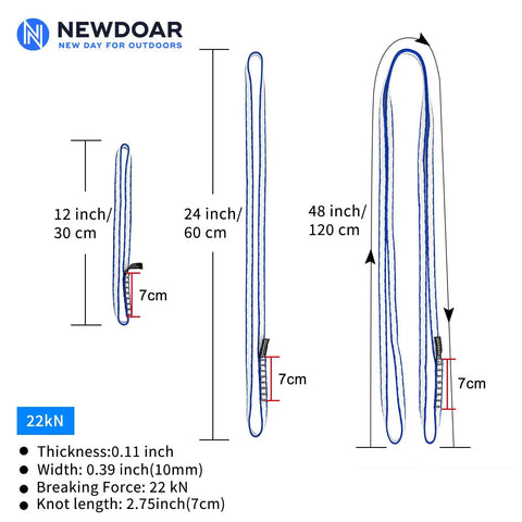 Diagram of Dyneema Climbing Slings 10mm 22kN 4840lb Runners Blue 24in 60cm 3 Pack with size details