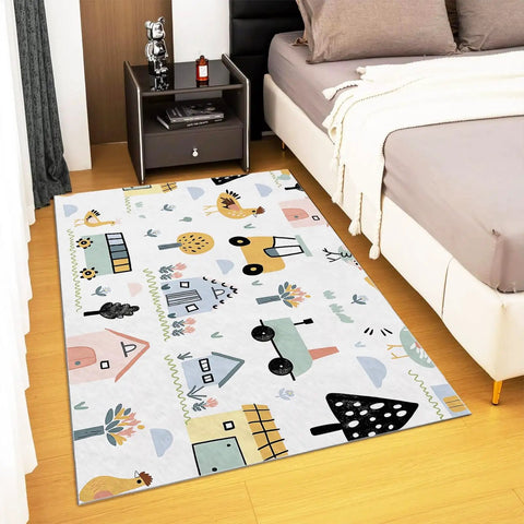 Machine Washable 4x6 Ft Large Area Rug Cartoon Farm Tractor Design Ultra Soft Cozy Low Pile For Living Room Or Bedroom White Non Slip Floor Carpet Kid Family Pet Friendly Home Decor next to a bed.
