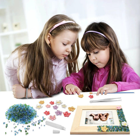 Children using Mosaic Photo Frame Kit For Kids With Glass Pebbles, Hands On Arts And Crafts Activity, creating colorful frame.