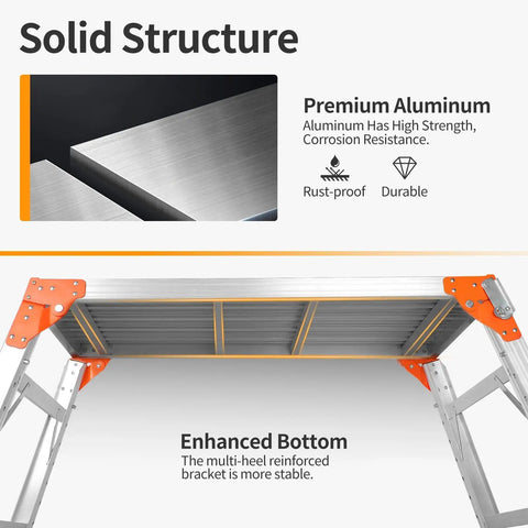 All In One Grab And Go Adjustable Work Platform And Folding Ladder Aluminum Construction 330 Lb Capacity 24 To 35 Inch Reach Heavy Duty Portable Work Bench Stool With Non Slip Feet showing aluminum frame and reinforced base