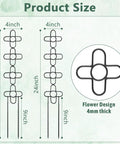 Diagram showing dimensions of Two Pack 24 Inch Indoor Plant Trellis Set, flower design, 24in tall, 4in wide, 4mm thick metal.