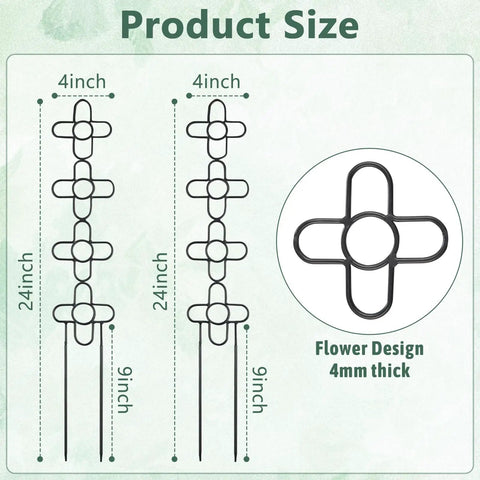 Diagram showing dimensions of Two Pack 24 Inch Indoor Plant Trellis Set, flower design, 24in tall, 4in wide, 4mm thick metal.