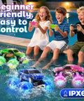 Kids playing with Pink Monster Truck Remote Control Car For Girls, Unicorn Themed 4WD Off Road RC Truck with LED lights by a pool.