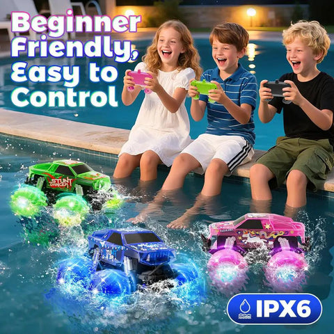 Kids playing with Pink Monster Truck Remote Control Car For Girls, Unicorn Themed 4WD Off Road RC Truck with LED lights by a pool.