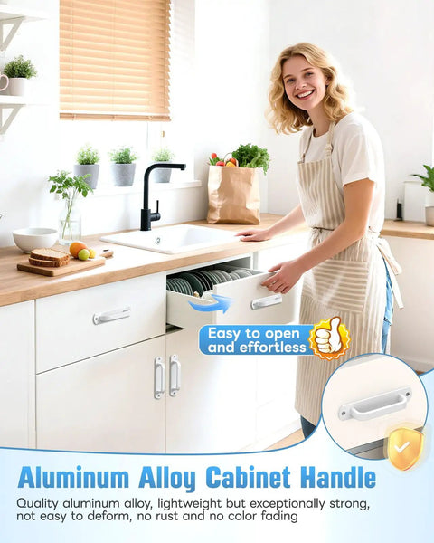 Woman in kitchen using 5.9 Inch Sliding Barn Door Handle Set White Aluminum Hardware Cabinet Pulls for drawer