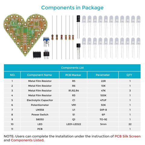 Totally Heart Shaped DIY LED Light Kit Set With Flashing LEDs Soldering Practice Project In Red Green White Three Color PCB components