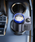 12 Volt Car Cup Holder With Digital LCD Screen, Smart Dual Temp Beverage Chiller And Warmer in car cup holder with steaming drink.