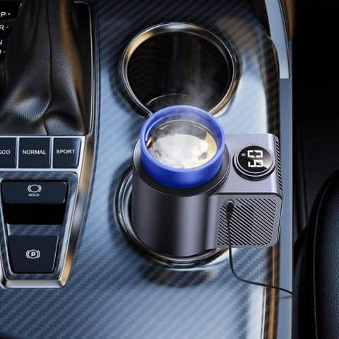 12 Volt Car Cup Holder With Digital LCD Screen, Smart Dual Temp Beverage Chiller And Warmer in car cup holder with steaming drink.