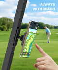 Upgraded Magnetic Golf Cart Phone Holder With 20x N55 Magnets for iPhone attached to golf cart with golfer in background.