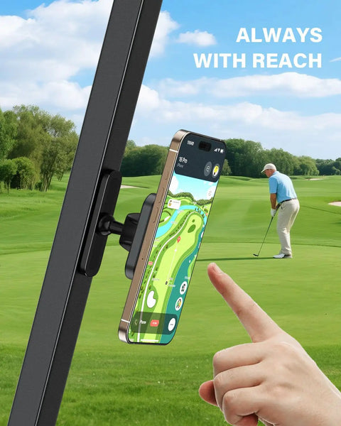 Upgraded Magnetic Golf Cart Phone Holder With 20x N55 Magnets for iPhone attached to golf cart with golfer in background.