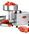 Arinoo Electric Tomato Strainer Juicer Maker Machine 450 Watt with fresh tomatoes and finished sauce in bowls